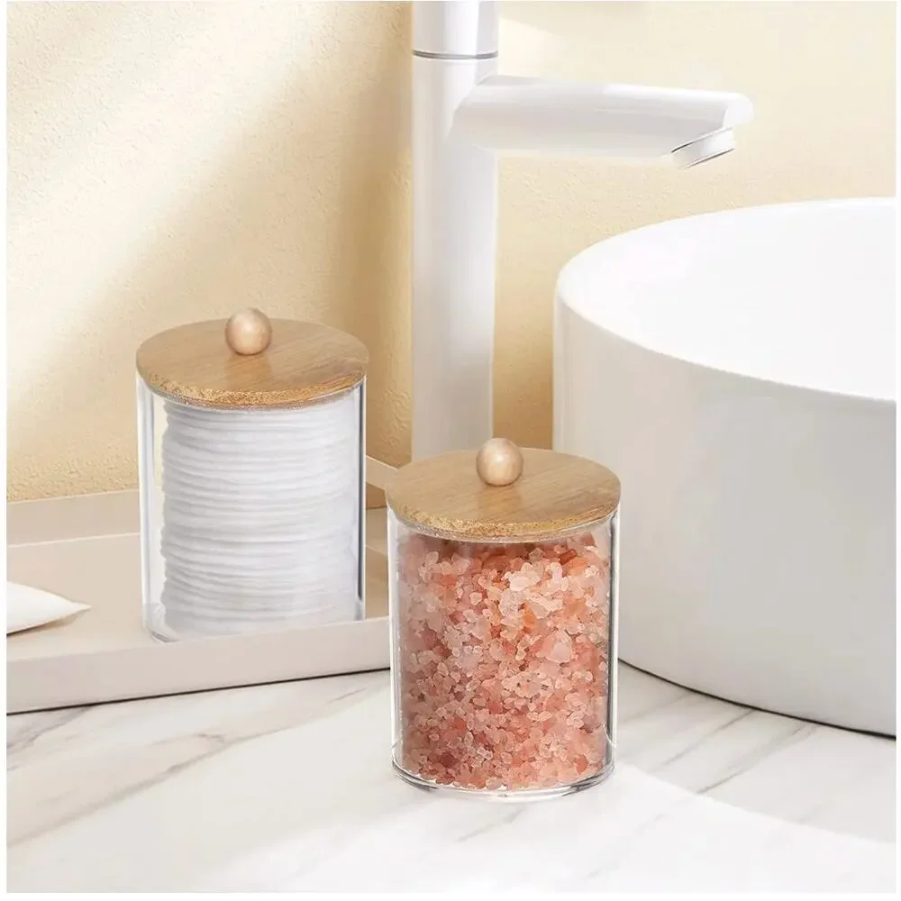 4 Pack Qtip Holder Dispenser with Bamboo Lids Clear Plastic Bathroom Storage